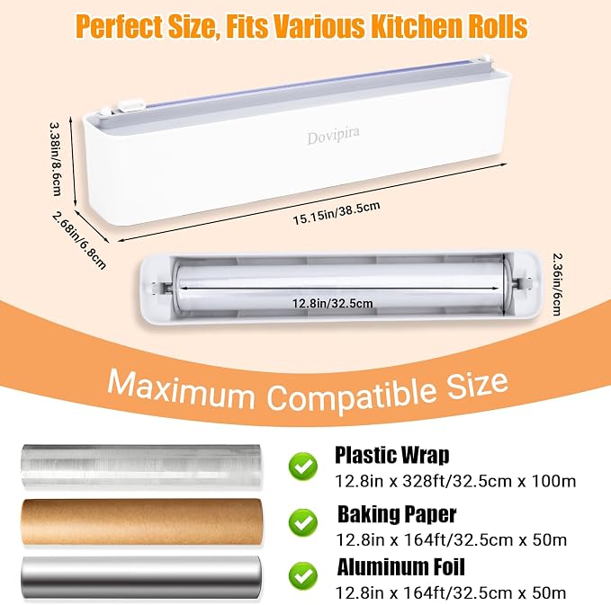 2 Pack Magnetic Plastic Wrap and Foil Dispenser with Cutter, Fits for Max 12.8In x 328Ft Cling Film, Adhesive Wall Mounted Aluminum Foil and Wrap Organizer Holder for Kitchen