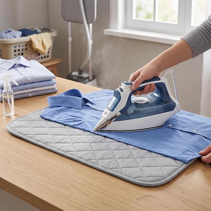 Tegeme 12 x 20 Inch Ironing Mat, Heat Resistant Foldable Iron Board Pad | For Tabletop & Countertop, Large Quilted Cotton Surface, Thick Heat Resistant Padding, Foldable Design, Home & Travel Use