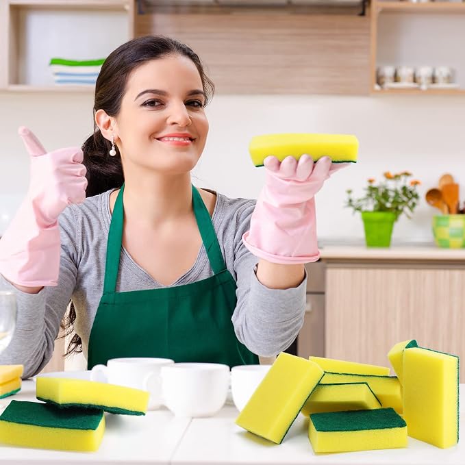 Tanlade 120 Pcs Individually Wrapped Sponge Dishwashing Sponge Bulk Non Scratch Scrub Sponges Kitchen Scouring Pad for Household Cleaning Rental Dishes Hotel Apartment Car (Yellow,Green)
