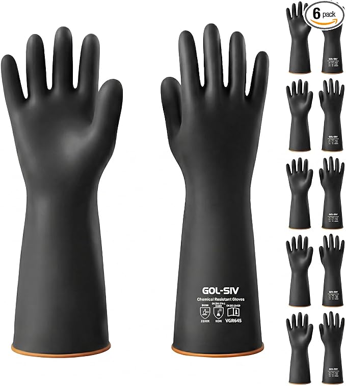 Heavy Duty Industrial Rubber Gloves, Chemical Resistant Protective Industrial Gloves - Waterproof, Resist Acid, Oil, Alkali - Latex Safety Glove for Metal Plating & Pool, 18in, 6 Pairs