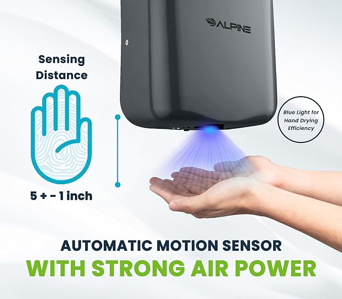 Alpine Commercial Automatic Hand Dryer - High Speed Air Hand Dryer for Home, Restaurant, Bathroom, and High Traffic Areas. 1800 Watts / 110-120 Volts (Grey)