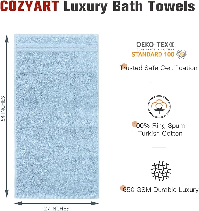 COZYART Luxury Bath Towels 2 PCS, Light Blue 100% Turkish Cotton 650 GSM | OEKO-Tex 100 Certified Zero Twist Ring Spun, Soft Absorbent Quick Dry, Plush Fluffy, Breathable Hotel Quality for Daily Use