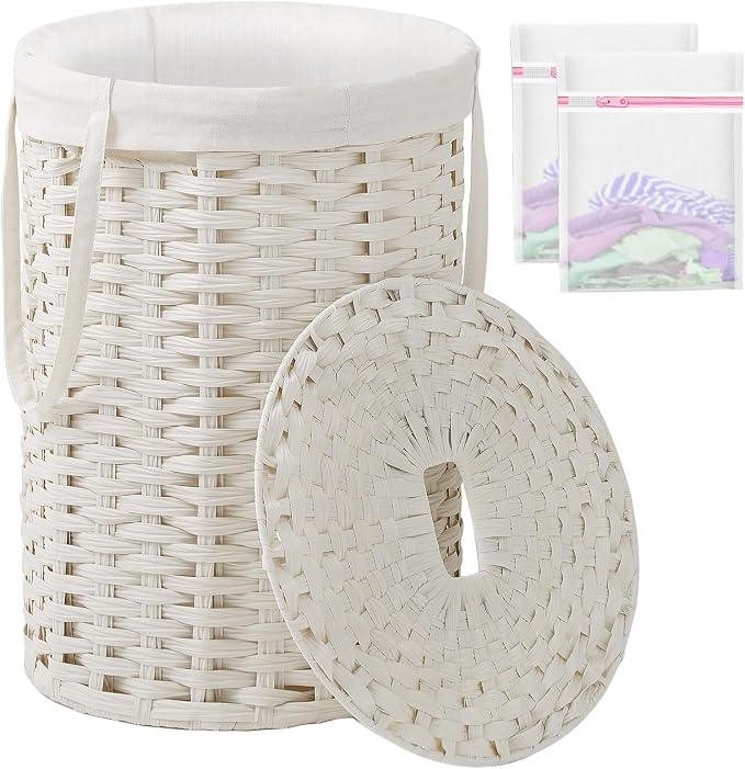 SETVSON Laundry Hamper with Lid Laundry Basket with Lid 72L, White | 19 Gal Round PE Rattan Hamper with Lid, Removable Washable Liner Bag, 2 Mesh Wash Bags, Steel Frame, Handles