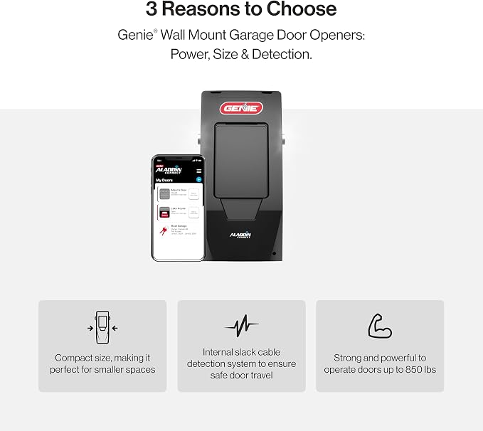 Genie 6172H-O Wall Mount Smart Garage Door Opener with Aladdin Connect, Wall Mounted Compact Space Saving Opener | Ultra-Quiet, Compact Space Saving Design, Aladdin Connect Wi-Fi, Works with Alexa, Wireless Wall Console, Side Mount Opener