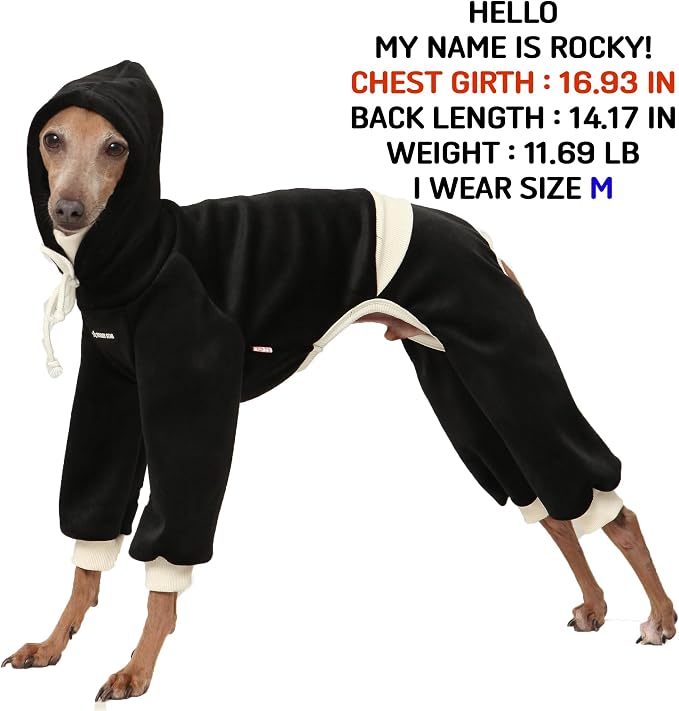 D Doggy Star Italian Greyhound Clothes, Corduroy Velvet Hooded Jumpsuit, Stretchy and Cozy (2XL,Hoodie Black)