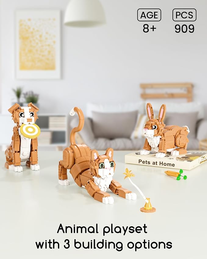 3-in-1 Orange Cat Building Set, Build a Cat, Dog or Rabbit, Creative Animal Building Toy for Kids Ages 8+, Gift for Animal Lovers, Girls and Boys