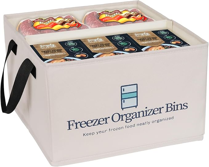 Flenpptly Freezer Organizer Bins, 1 Pack Freezer Storage Bins, Light Grey | 15"x14"x9" Collapsible Deep Freezer Organizer Bins with Removable Dividers, Handles