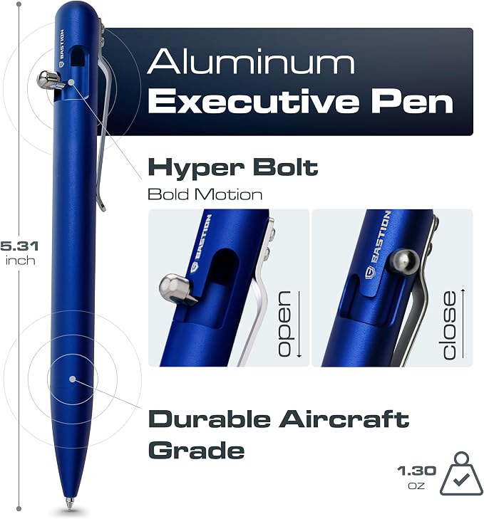 BASTION Bolt Action Pen, Aluminum Royal Blue, HyperBolt EDC Pen, Refillable Metal Writing Pen, Premium Graduation Gift, Executive Pocket Pen