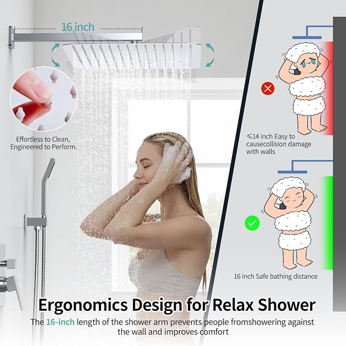 SR SUN RISE Polished Chrome Square Rainfall Shower Head and Handle Set, Wall Mounted Shower Fixtures, Metal Shower Faucet Trim Repair Kits (With Shower Valve) 16 Inches