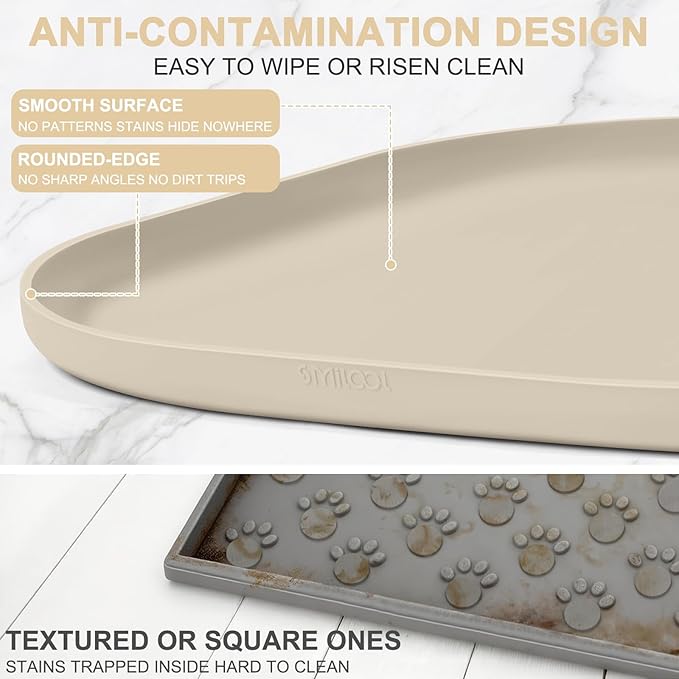 SMILOOL Waterproof Silicone Pet Food Mat with Raised Edge for Dog & Cat | 19" x 12" Non-Slip Pet Feeding Mats with Lip for Food & Water Bowl, Food Grade, Easy Cleaning, Beige