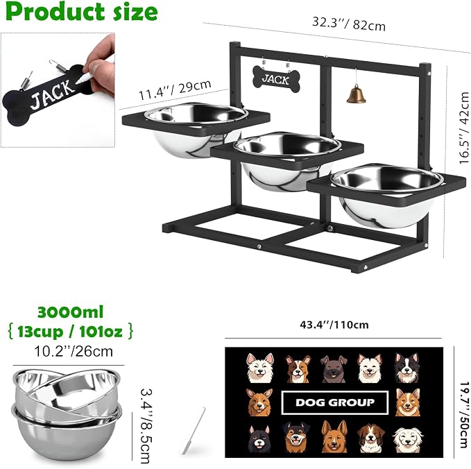 SHAINFUN Elevated Dog Bowls Stand for Large/Extra Large Dogs with Mat, 6 Height Adjustable Raised Dog Bowl, Three 101oz Food Water Bowls