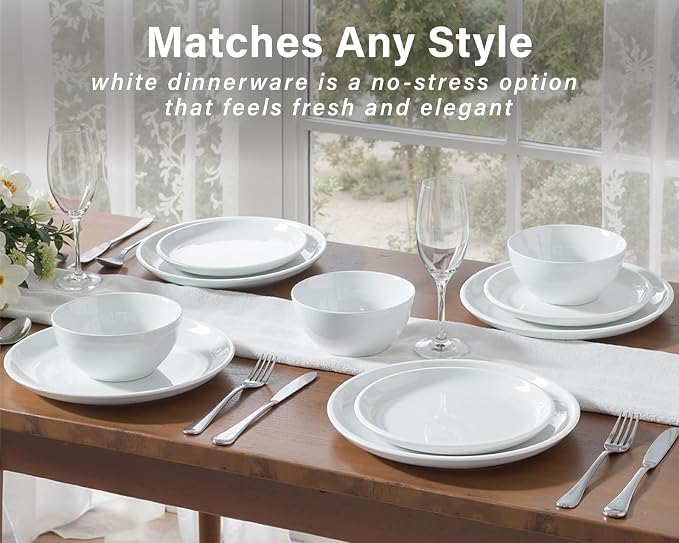 ONEMORE Plates and Bowls Set 12 Pcs,Stoneware Dinnerware Sets for 4 Microwavable,Oven & Dishwasher Safe Porcelain,Scratch Resistant Dishes Set,White