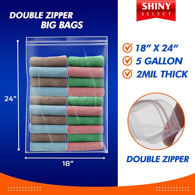 25 count – Extra Large Storage Bags with Double Zipper Top, 5 Gallon, Jumbo Reusable Freezer Bags for Food, Clear Plastic Bags for Clothes, Storage and Travel, 18” x 24”, 2 Mil Thick