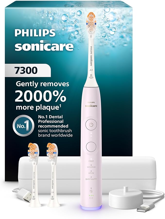 Philips Sonicare 7300 Series Electric Toothbrush - Next-Generation Sonicare Technology, Pressure Sensor, 12 Brushing Settings, SmarTimer, 21-Day Runtime, Travel Case, Light Pink, HX7422/04