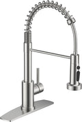 FORIOUS Kitchen Faucets with Sprayer, Brushed Nickel Stainless Steel Sink Faucet Single Handle with Deck Plate, Commercial Classic Spring Faucet for Kitchen Sink, Bar & Prep Sinks, Laundry RV Camper