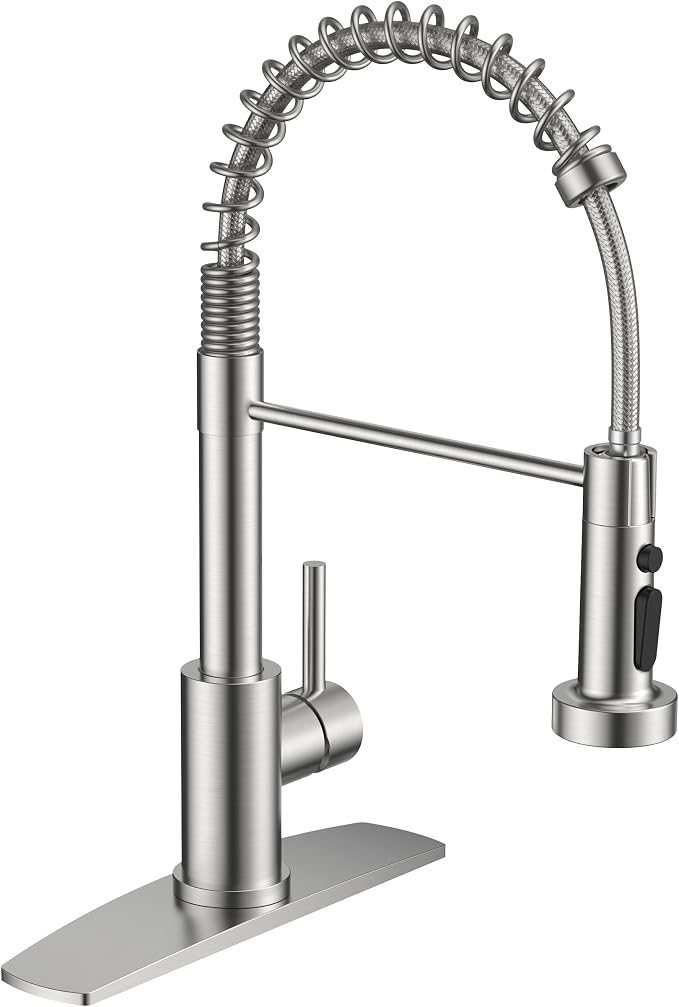 FORIOUS Kitchen Faucets with Sprayer, Brushed Nickel Stainless Steel Sink Faucet Single Handle with Deck Plate, Commercial Classic Spring Faucet for Kitchen Sink, Bar & Prep Sinks, Laundry RV Camper
