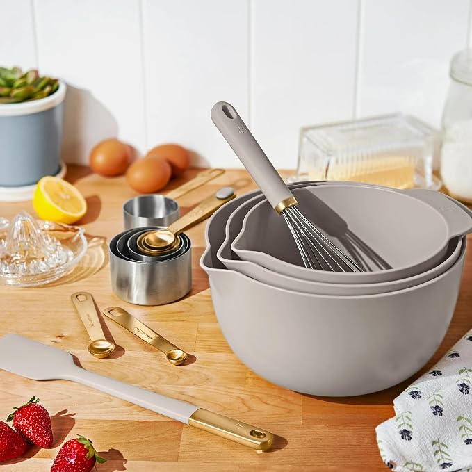 14 Piece Mixing Bowl and Measuring Set, Nesting Kitchen Prep Set with Measuring Cups Spoons Whisk Spatula, BPA Free Dishwasher Safe Baking Set (Porcini Taupe)