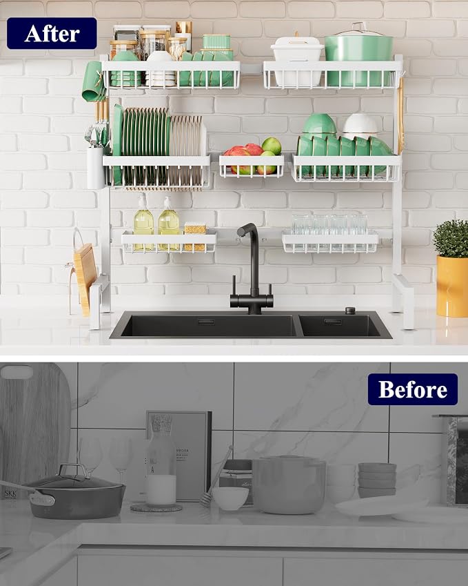 Kitsure Adjustable Over The Sink Dish Drying Rack, 31.5" -39.4" x 30.3" | Sink Drying Rack for Kitchen Sink, Dish Rack Over Sink with Cutlery & Utensil Holders, Kitchen Storage, White