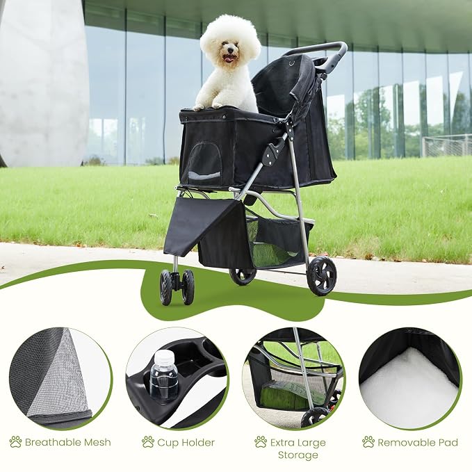 DUMOS 3 Wheels Pet Stroller for Small Dogs and Cats – Foldable Dog Stroller with Mesh Windows, Storage Basket & Cup Holder, Lightweight & Durable Pet Carrier for Travel, Outdoor Use – Black