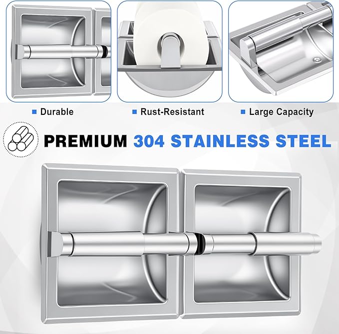 Moxweyeni Recessed Double Roll Toilet Tissue Dispenser, 304 Stainless Steel Durable Tissue Roll Holder, Built-in Paper Holder for Bathroom Commercial Restroom, Space Saving Design, Smooth