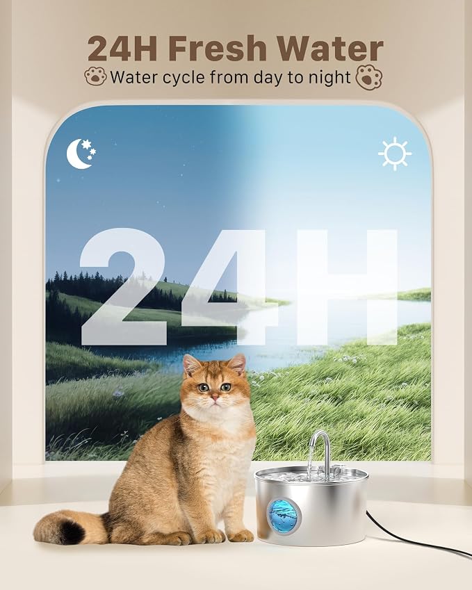 Pet Water Fountain Stainless Steel: 8 Filters + 8 Sponges Cat Water Fountains for Cats Indoor - Metal Cat Fountain Bowl - 74oz/2.2L Faucet Kitty Fountains & Led Light - Cats Pet Fountain for Drinking