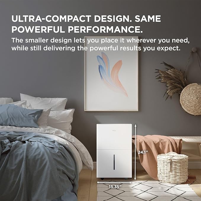 TCL 25-Pint Capacity Quiet, Energy Efficient Portable Dehumidifier, Precise Humidity Control, Bucket or Continuous Drain, Compact Humidity Absorber for Home, Attic, Garage & Rooms up to 2000 Sq Ft