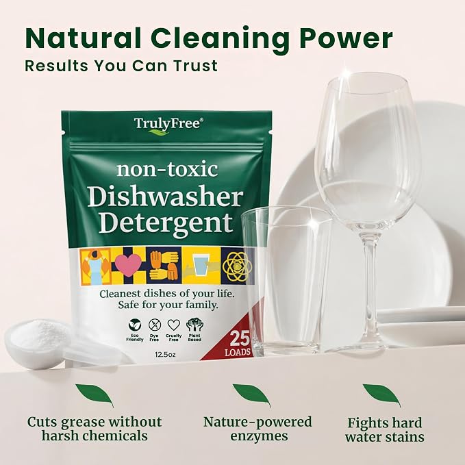 Truly Free Dishwasher Detergent Powder | Natural Dish Detergent, Dishwasher Soap | Plastic Free, Plant-Based, Clean, Heavy Duty Hard Water Stain & Grease Remover | Fragrance Free | 12.5 oz (Pack of 3)