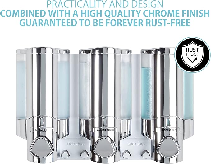 Better Living Aviva Wall Mount Shower Dispenser, 3 x 11oz, Chrome | 3 Chamber, Wall Mount Shower Soap Pump Dispenser, Built-in Hooks, No Drill, Waterproof Shampoo Soap Dispenser