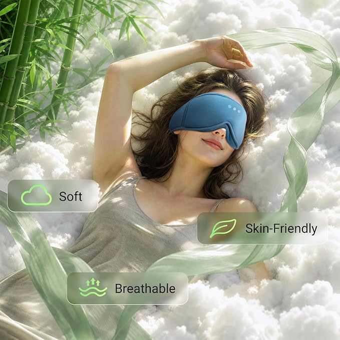 3D Bamboo Cotton Sleep Mask with Bluetooth 5.4 Headphone, Music Wireless Bluetooth Blackout Eye Mask for Side Sleepers, Earphones HD Speaker Microphone for Travel, Gifts for Women Men, Blue