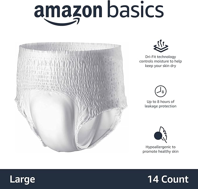 Amazon Basics Unisex Adult Incontinence Protective Underwear, Overnight Absorbency, Moisture-Wicking, Soft, Latex Free, Large, 14 Count (Pack of 2)