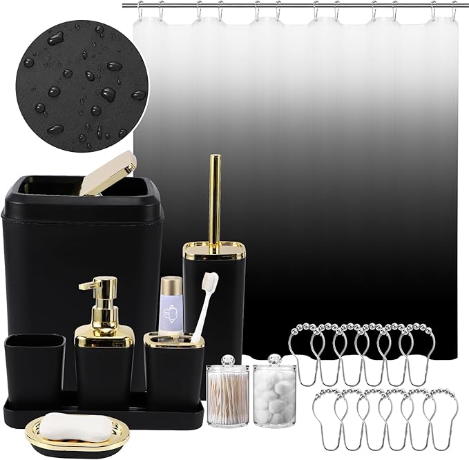 XLHOMO Bathroom Set - 22PC Black Bathroom Accessories Sets Complete with Black Ombre Shower Curtain,Trash Can,Toothbrush Holder,Toothbrush Cup,Soap Dispenser,Soap Dish,Toilet Brush,Tray,Qtip Holders