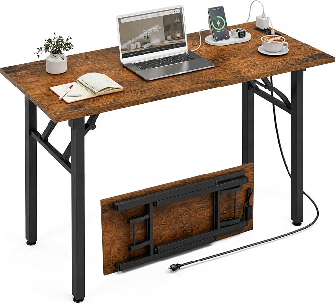 XBurmo Small Folding Desk Folding Table, No Assembly Foldable Desk Gaming Desk, 43.3-Inch Computer Table Workstation with 2 AC Outlets and 2 USB Ports for Bedroom and Home Office, Rustic Brown