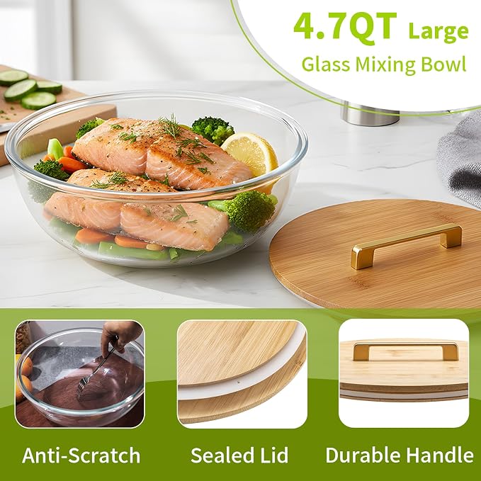 4.7Qt Large Glass Mixing Bowl with Lid, Clear Large Salad Bowls with Airtight Bamboo Lid & Handle,Thickened Glass Big Mixing Bowls Cooking Bowl for Serving, Food Prep, Kitchen,Borosilicate Glass