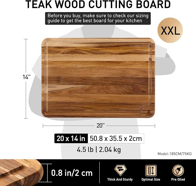 Extra Large Teak Cutting Board 20'' Kitchen Non Slip Wood Butcher Block | Wooden Chopping Board, Heavy Duty, Over Sink, Solid Thick, Meat, Easy to Clean, Extra Large, Best Kitchen Essential Gift