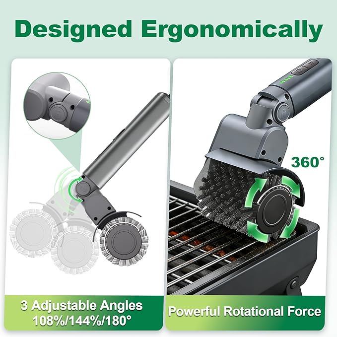 Samek Electric Grill Brush,Cordless Electric BBQ Grill Cleaner with 3 Replacement Heads, Cordless Rechargeable, 3-Speed Power Control, Adjustable Angle, Gray