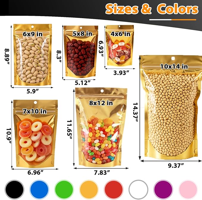 500 Pcs Mylar Bags for Food Storage 6x9 Mylar Bag with Window Stand Up Bulk Resealable Bags Smell Proof Bag Food Packaging for Small Business Freeze Dried Candy Jewelry Foil Packaging Gold