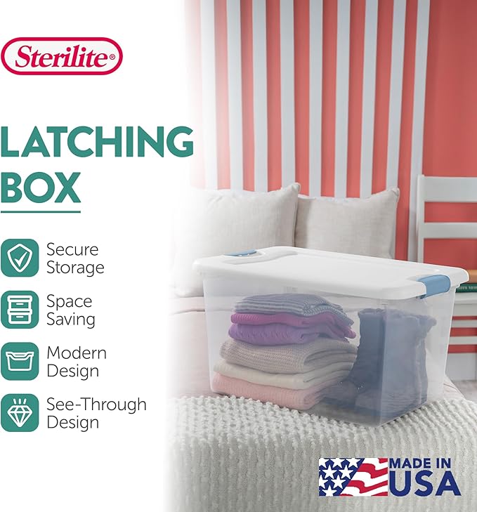 Sterilite 12 Pack Latching Box, Under Bed Storage Bins with Lids, Clear Plastic, 64 Quart - Heavy-Duty Organizing Containers for Closet, Bathroom, and Office