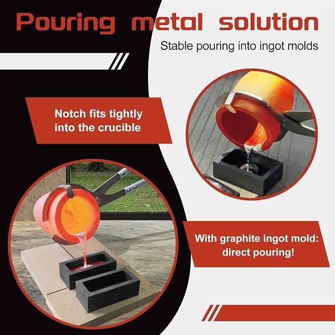 Nelyrho #10 (26lbs-12kg) Crucible Tongs Set Pro for Melting Metal Casting | Includes lifting and pouring tongs, 2 graphite crucibles, Ingot mold and gloves for metal melting, casting and jewelry making