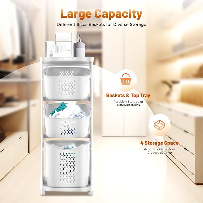 3 Tier Rolling Laundry Hamper Large Capacity Clothes Storage Basket Sorter Cart,White Organizer Shelf with Handle,Household Utility Basket for Bathroom Bedroom Kitchen Laundry Room