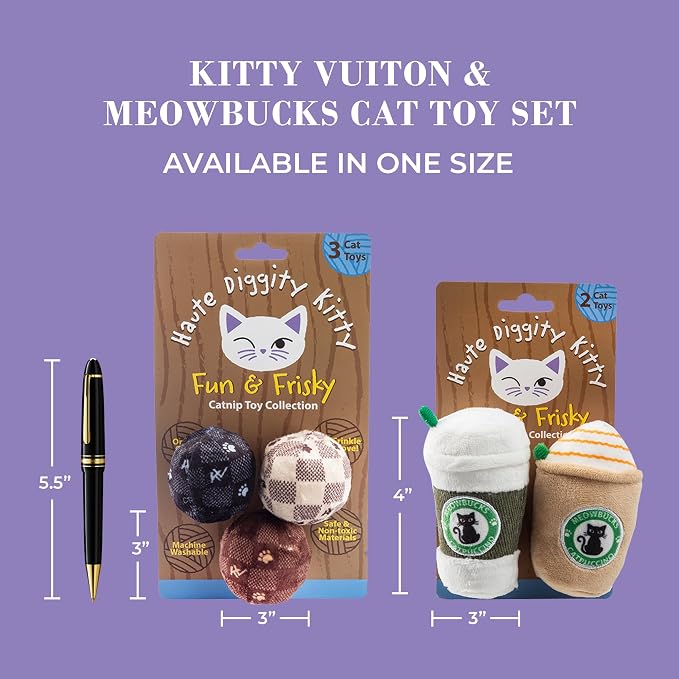 Haute Diggity Kitty Vuiton Checker Balls + Meowbucks Catpuccino Set, Plush Cat Toys Catnip Filled with Interactive Crackle Sound, Safe & Durable Toys for Cat & Kitten, 5 Pcs