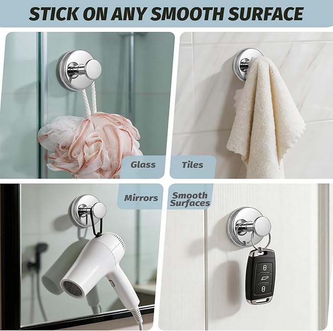 Suction Cup Hooks No Drill Stainless Steel Shower Hooks Towel Hook Heavy Duty on Smooth and Non-Porous Surfaces in Bathrooms Kitchen Bedroom (4, Chrome Polished)