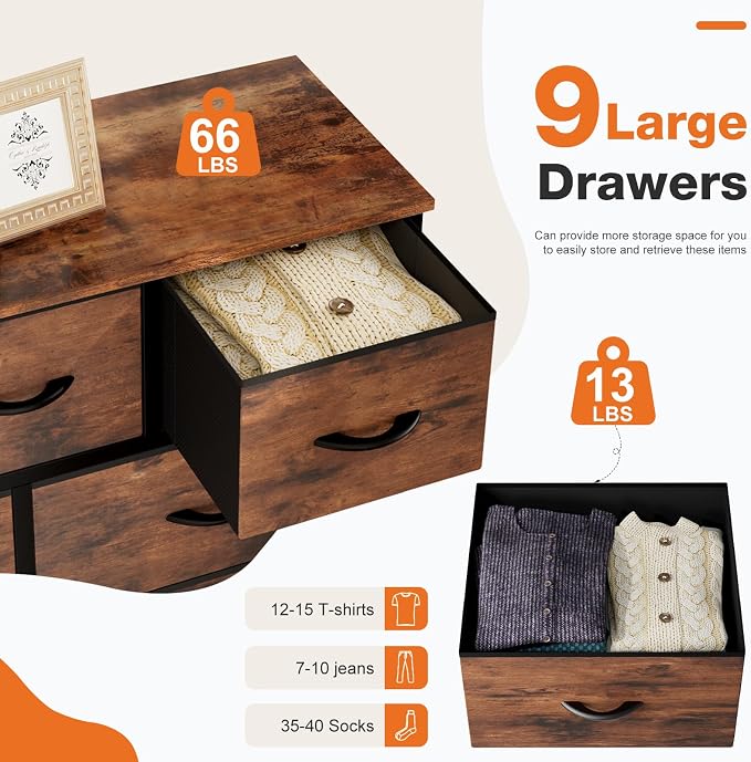 Sweetcrispy 9-Drawer Fabric Dresser Storage Tower with Wood Top and Steel Frame, Organizer Chest with Easy Pull Handles for Bedroom, Closet, Hallway,Distressed Brown