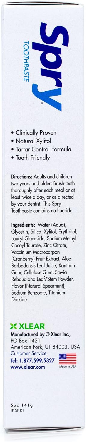 Spry Natural Fluoride Free Xylitol Toothpaste, 5oz Spearmint (Pack of 1) | Gentle for Sensitive Teeth Whitening and Remineralizing, Bad Breath Freshening, Dry Mouth Moisturizing, for Adults and Kids