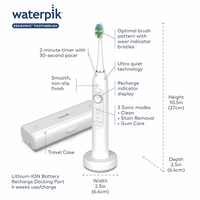 Waterpik Sensonic Sonic Electric Toothbrush, Rechargeable Toothbrush for Adults with 3 Modes, Travel Case, USB Charger, White STW-03W020, Packaging May Vary