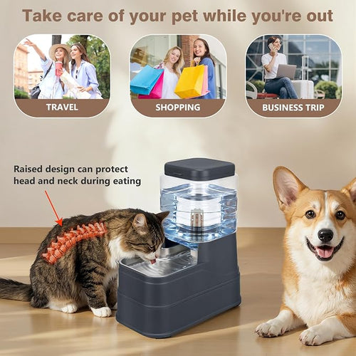 1.1 Gallon Pet Automatic Dog Water Dispenser Cat Gravity Waterer Feeder with Stainless Steel Bowl 8L Large Capacity Puppy Feeding Raised Bowls with Filter,Ice Pack (Charcoal Gray, 4L(1.1 Gallon))