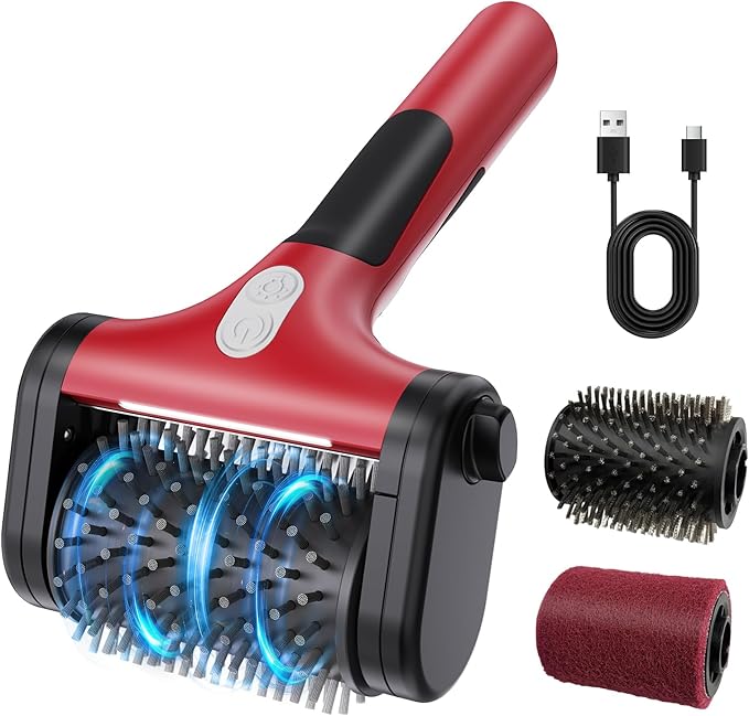 Electric Grill Brush for Outdoor Grill,2600mAh Rechargeable Electric Grill Cleaner with 2-Speed(Max 1000RPM)，2 Replacement Heads and LED Light for Outdoor/Camping BBQ Grates Cleaning Tool (Red)