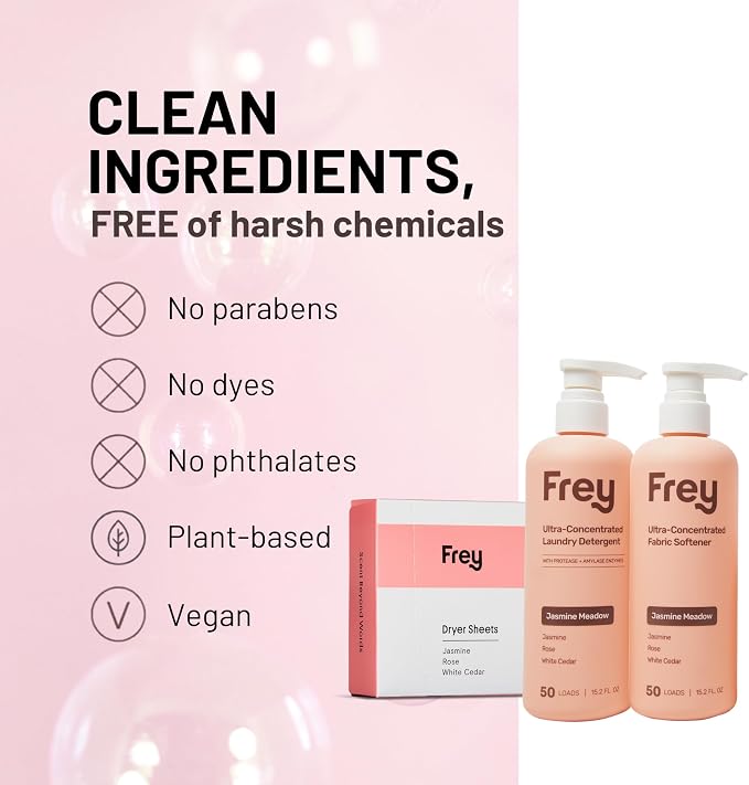 Frey Complete Laundry Package | Jasmine Meadow Scent | Detergent, Fabric Softener & Dryer Sheets | Nature’s Luxury