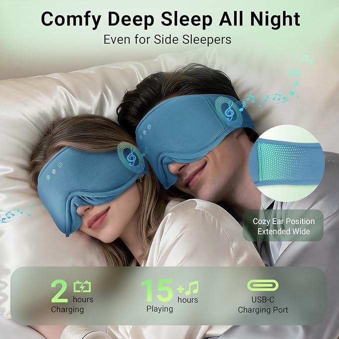 3D Bamboo Cotton Sleep Mask with Bluetooth 5.4 Headphone, Music Wireless Bluetooth Blackout Eye Mask for Side Sleepers, Earphones HD Speaker Microphone for Travel, Gifts for Women Men, Blue