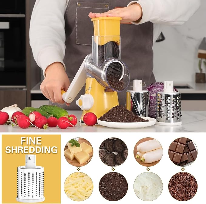 Cambom Rotary Cheese Grater Hand Crank Cheese Shredder for Fresh Cheese, Vegetable, Nuts,Non-slip Suction Base, Free Cleaning Brush Three Blades,Yellow