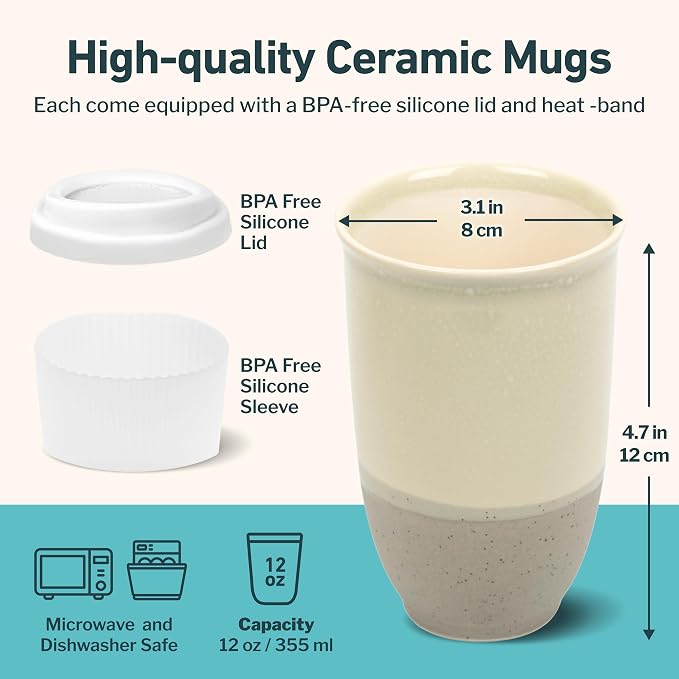 NOVA CERAMICS Travel Mug – Coffee Travel Mug – Reusable Coffee Cup Unique to Go Mug – Microwave & Dishwasher Safe Coffee White Tumbler - Gifts for Women Men Him Her – 12oz – Sea Mist